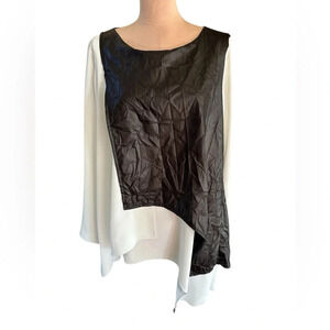 Zoi Black Asymmetrical Faux Leather Overlay Chiffon Blouse Women’s Size Small
